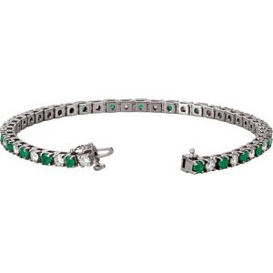 14K White Natural Emerald & 2 CTW Natural Diamond Line 7"  Bracelet