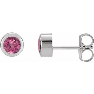 Rhodium-Plated Sterling Silver Imitation Pink Tourmaline Bezel-Set Earrings