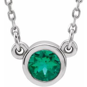 Rhodium-Plated Sterling Silver 4 mm Round Imitation Emerald Solitaire 16" Necklace