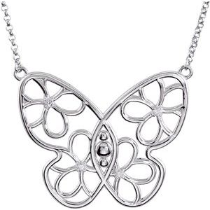 Sterling Silver .08 CTW Natural Diamond Butterfly & Floral 18" Necklace   85396:60002:P