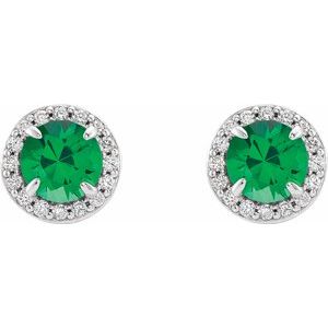 14K White 4 mm Natural Emerald & 1/10 CTW Natural Diamond Earrings 86458:664:P