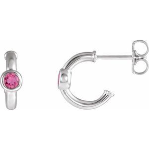 Sterling Silver Natural Pink Tourmaline Huggie Hoop Earrings