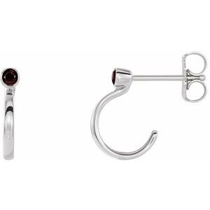 Sterling Silver 2 mm Natural Mozambique Garnet Huggie J-Hoop Earring