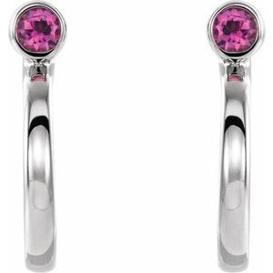 Sterling Silver 2 mm Natural Pink Tourmaline Huggie J-Hoop Earring