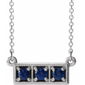 Platinum Lab-Grown Blue Sapphire Three-Stone Bar 16-18" Necklace