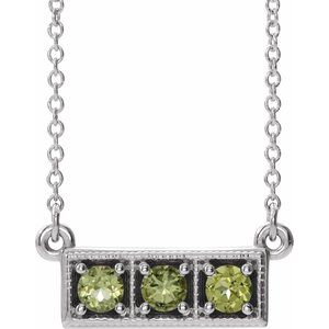 Sterling Silver Natural Peridot Three-Stone Bar 16-18" Necklace