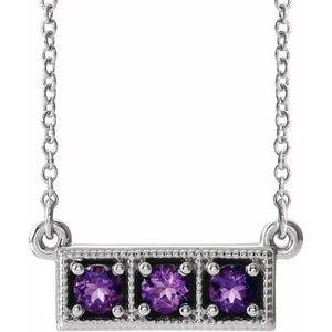 Sterling Silver Natural Amethyst Three-Stone Bar 16-18" Necklace