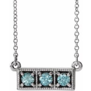 Sterling Silver Natural Blue Zircon Three-Stone Bar 16-18" Necklace