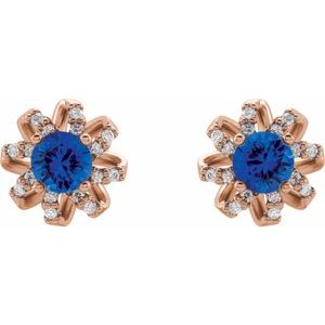 14K Rose Natural Blue Sapphire & 1/6 CTW Natural Diamond Halo-Style Earrings