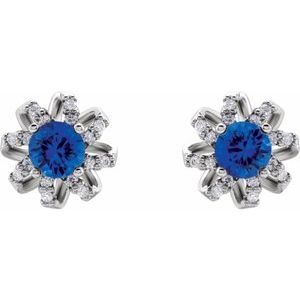 14K White Natural Blue Sapphire & 1/6 CTW Natural Diamond Halo-Style Earrings