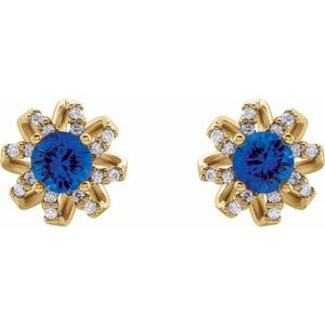 14K Yellow Natural Blue Sapphire & 1/6 CTW Natural Diamond Halo-Style Earrings