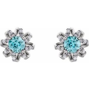 Platinum Natural Blue Zircon & 1/6 CTW Natural Diamond Halo-Style Earrings