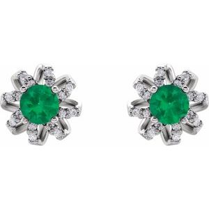 14K White Natural Emerald & 1/6 CTW Natural Diamond Halo-Style Earrings