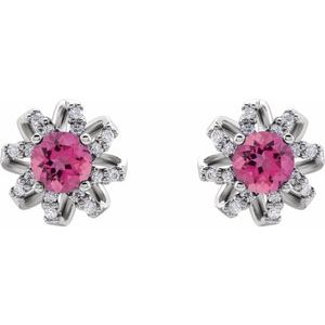 Platinum Natural Pink Tourmaline & 1/6 CTW Natural Diamond Halo-Style Earrings