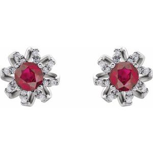 14K White Natural Ruby & 1/6 CTW Natural Diamond Halo-Style Earrings