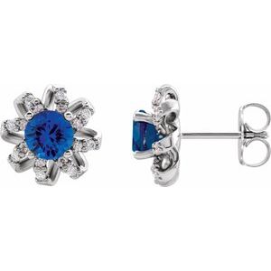 14K White Natural Blue Sapphire & 1/6 CTW Natural Diamond Halo-Style Earrings