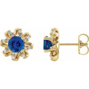 14K Yellow Natural Blue Sapphire & 1/6 CTW Natural Diamond Halo-Style Earrings