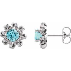 Platinum Natural Blue Zircon & 1/6 CTW Natural Diamond Halo-Style Earrings