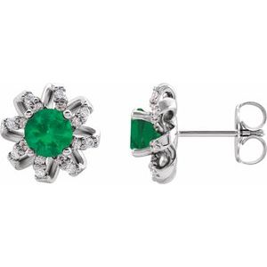 14K White Natural Emerald & 1/6 CTW Natural Diamond Halo-Style Earrings