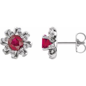 14K White Natural Ruby & 1/6 CTW Natural Diamond Halo-Style Earrings