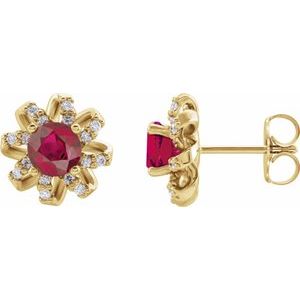 14K Yellow Natural Ruby & 1/6 CTW Natural Diamond Halo-Style Earrings