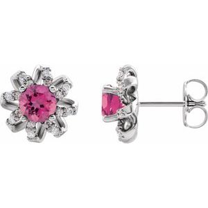 Platinum Natural Pink Tourmaline & 1/6 CTW Natural Diamond Halo-Style Earrings