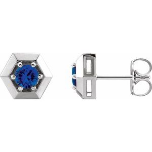 14K White Natural Blue Sapphire Geometric Earrings