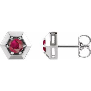 14K White Natural Ruby Geometric Earrings