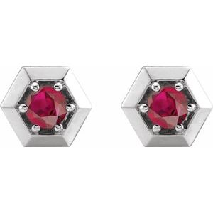 14K White Natural Ruby Geometric Earrings