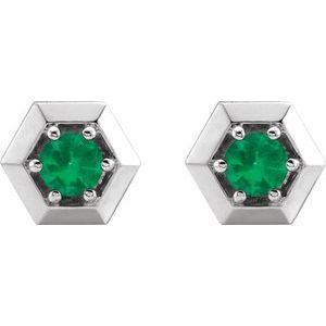 14K White Natural Emerald Geometric Earrings