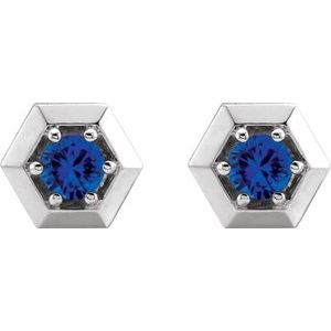 14K White Natural Blue Sapphire Geometric Earrings