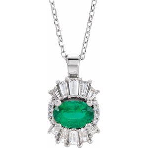 Platinum Natural Emerald & 1/3 CTW Natural Diamond 16-18" Necklace