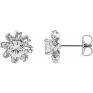 Platinum Natural White Sapphire & 1/6 CTW Natural Diamond Halo-Style Earrings