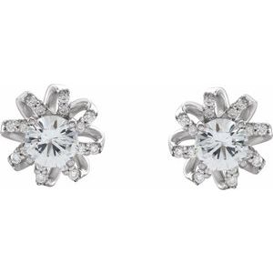 Platinum Natural White Sapphire & 1/6 CTW Natural Diamond Halo-Style Earrings