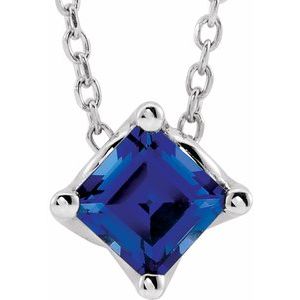 14K White 4.5x4.5 mm Square Natural Blue Sapphire Solitaire 16-18" Necklace