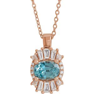 14K Rose Natural Blue Zircon & 1/3 CTW Natural Diamond 16-18" Necklace