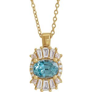 14K Yellow Natural Blue Zircon & 1/3 CTW Natural Diamond 16-18" Necklace