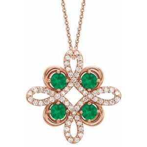 14K Rose Natural Emerald & 1/6 CTW Natural Diamond Clover 18" Necklace