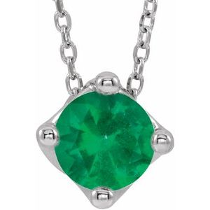 Sterling Silver 5 mm Round Lab-Grown Emerald Solitaire 16-18" Necklace