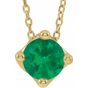 14K Yellow 5 mm Round Natural Emerald Solitaire 16-18" Necklace