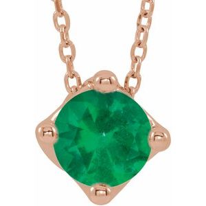 14K Rose 5 mm Round Natural Emerald Solitaire 16-18" Necklace