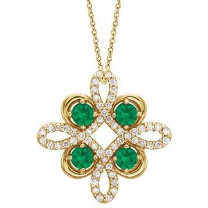 14K Yellow Natural Emerald & 1/6 CTW Natural Diamond Clover 18" Necklace