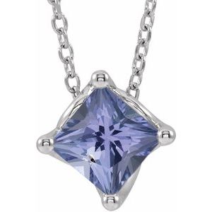 Platinum 5x5 mm Square Natural Tanzanite Solitaire 16-18" Necklace